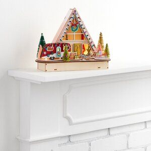 NIB WORLD MARKET Christmas MID-CENTURY A-FRAME HOME LED LIGHTS LASER CUT WOOD